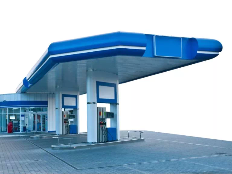 stacja paliw z niebieskim malowaniem